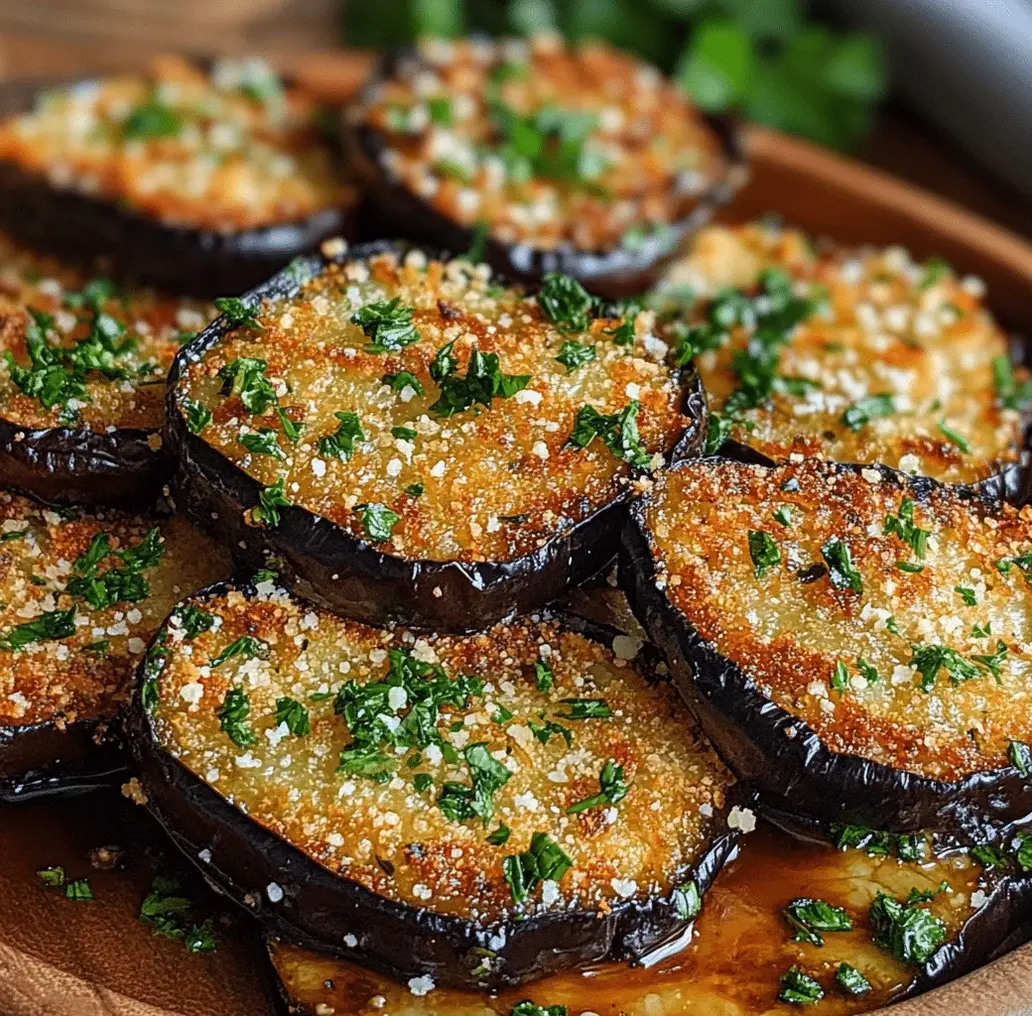 Close up of garlic herb crusted eggplant slices on a serving platter