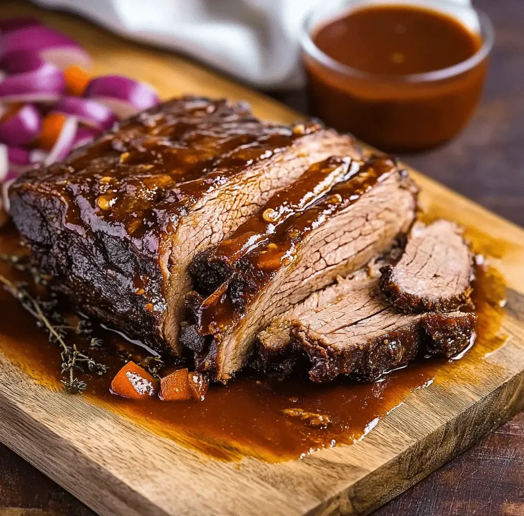Shredded beef brisket in a bowl with sauce