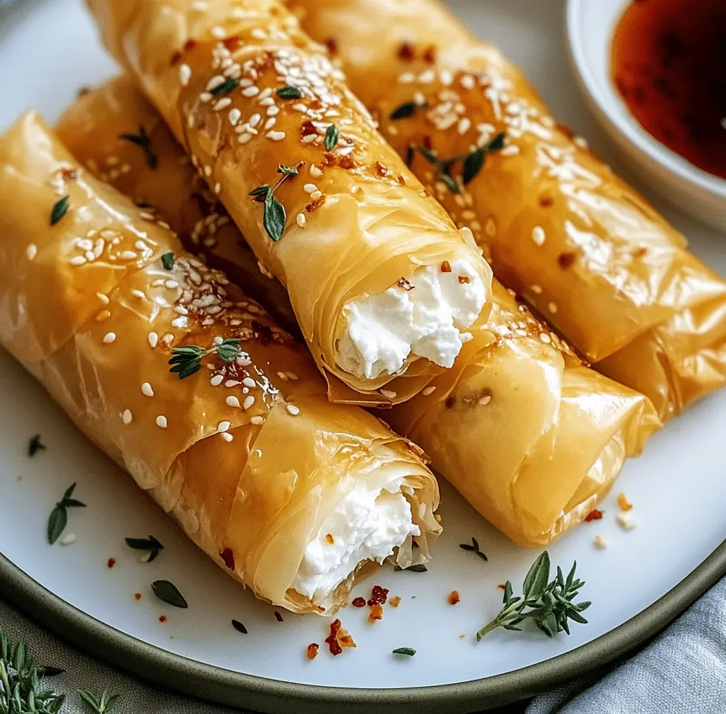 A close-up of oven-fried feta rolls on a platter with chili honey drizzled over them.