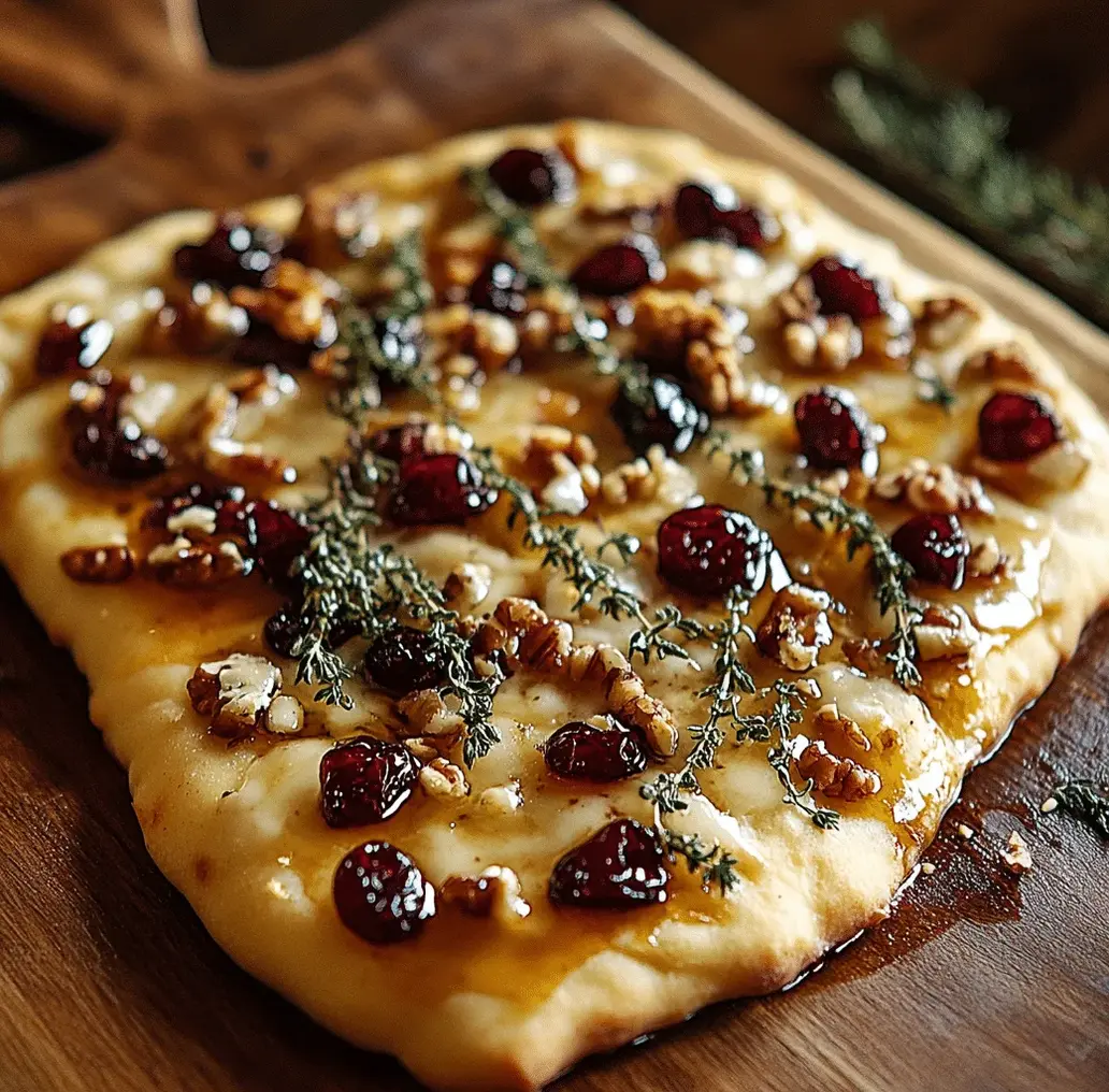 Crispy flatbread ready to be assembled with brie, cranberries and walnuts