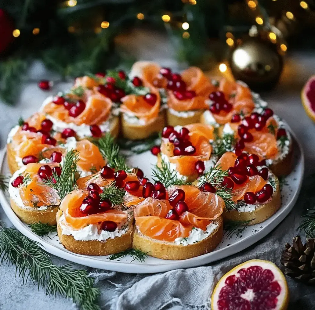 Close-up of a Christmas Smoked Salmon Bruschetta Wreath showing detail of ingredients.