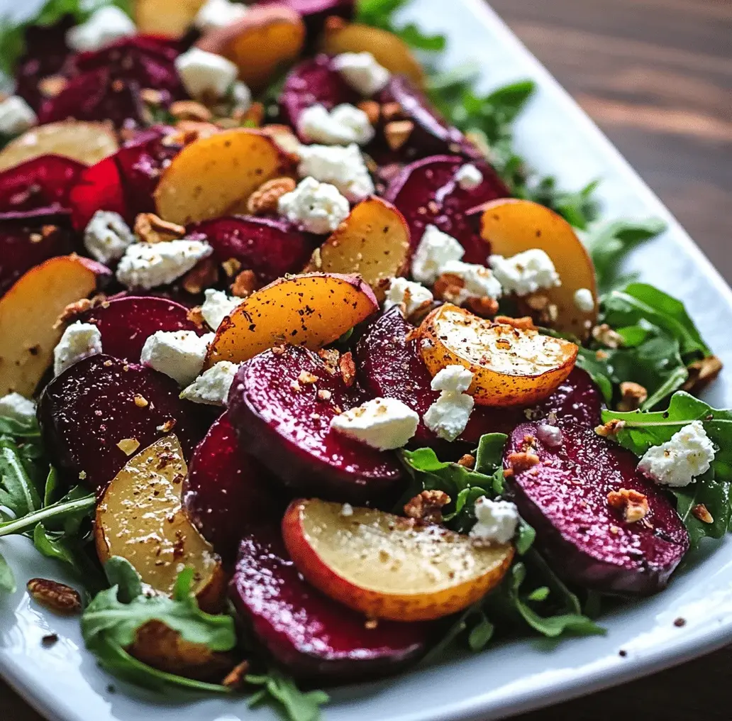 Holiday Roasted Beet and Caramelized Pear Salad with Feta & Pistachios on a festive platter.