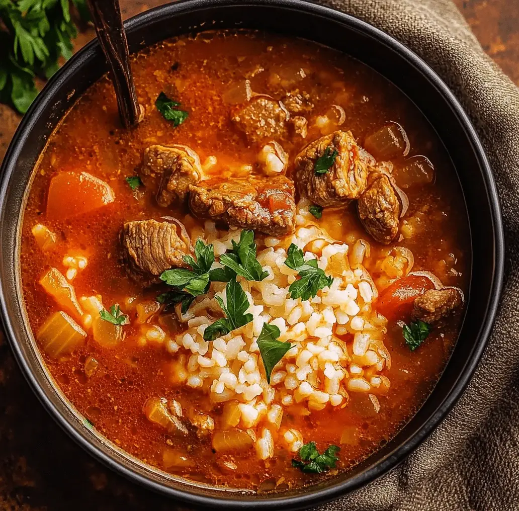 Close-up of a spoon scooping tomato rice soup from a rustic bowl.