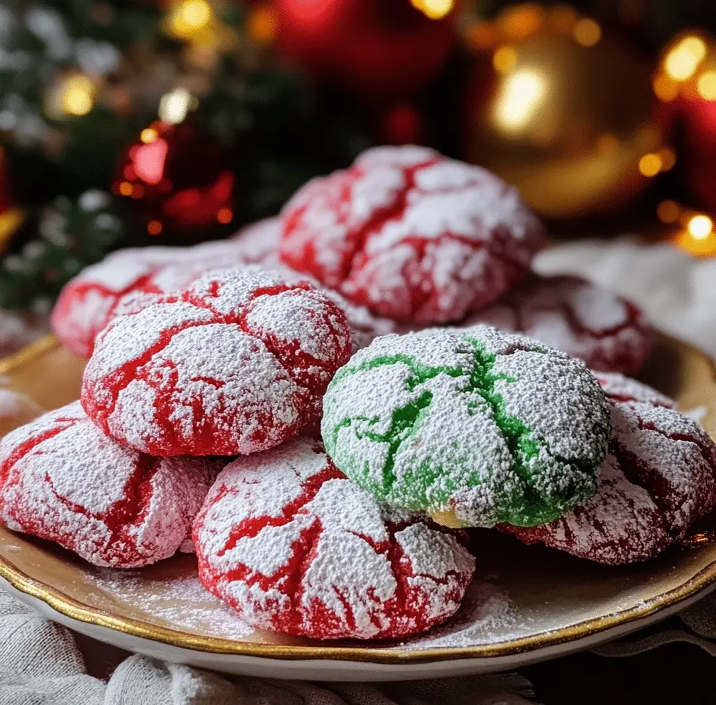 A pile of Christmas Crinkle Cookies dusted with powdered sugar on a festive plate.