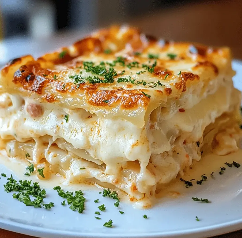 A delicious slice of Creamy Shrimp Lasagna on a plate.