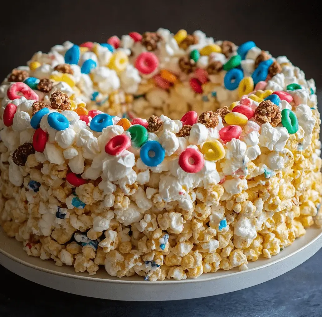 A person slicing a no-bake popcorn cake into squares.