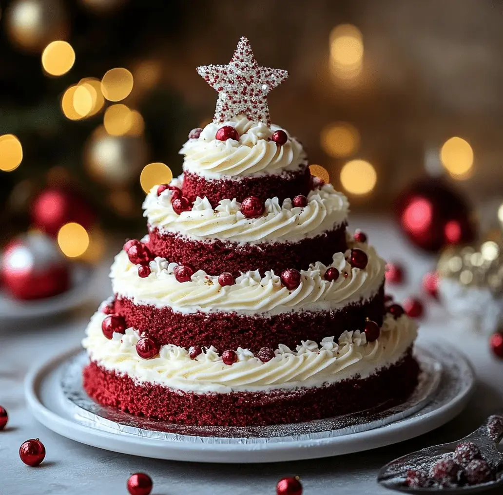 Festive Red Velvet Christmas Tree Cake ingredients laid out artfully.