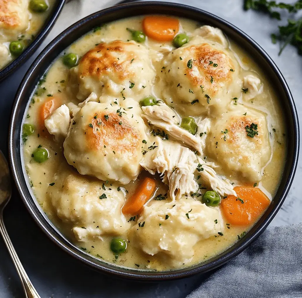 A cozy bowl of chicken and dumplings with fluffy biscuits on top, garnished with fresh parsley.