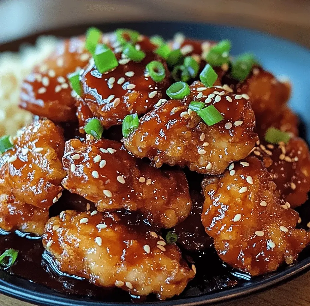 A bowl of sweet and spicy Korean chicken pieces coated in a glossy red sauce.