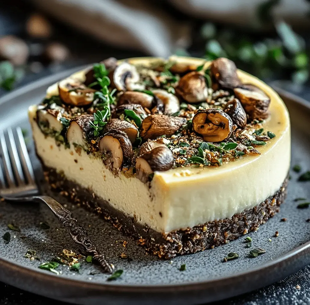 Close-up of the Pistachio and Mushroom Cheesecake, showing the textured topping and creamy interior.