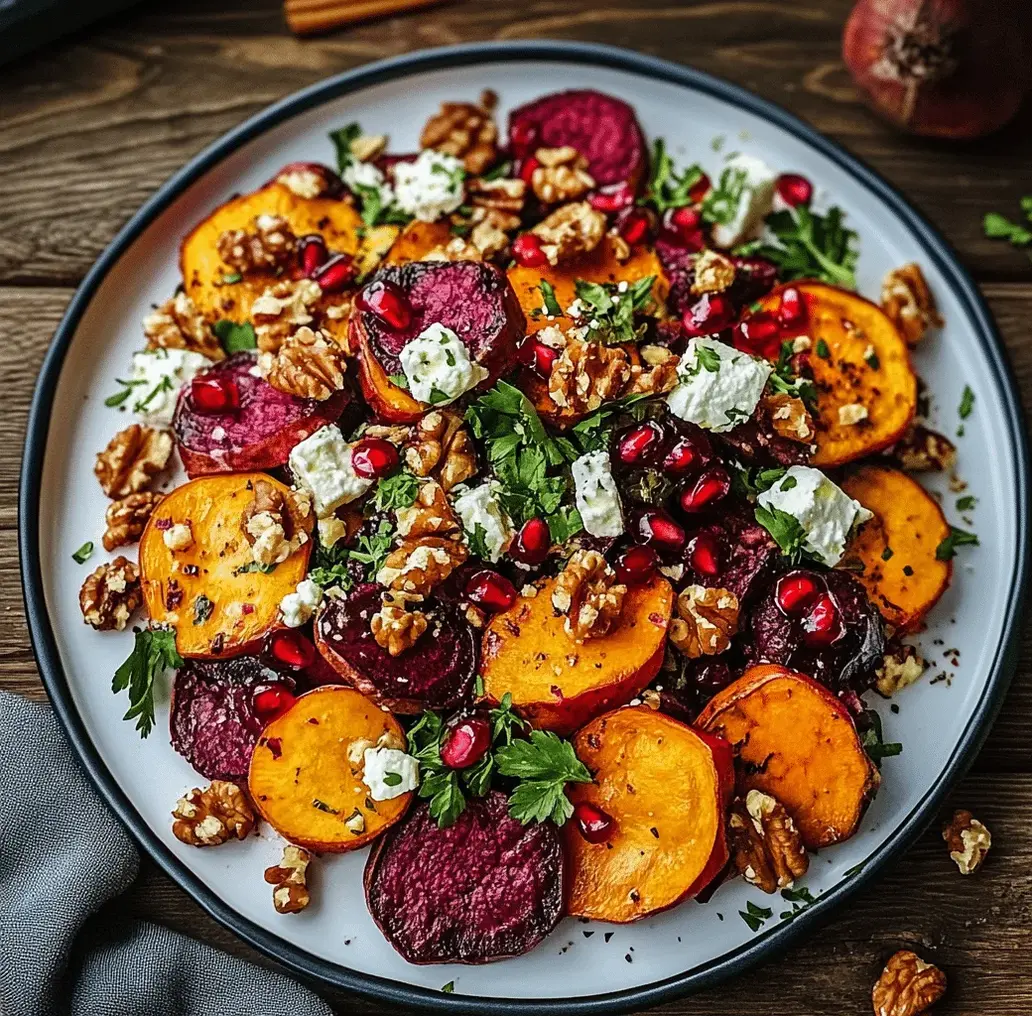 Close-up of Festive Roasted Veggie Salad with Feta & Pomegranate, showing textures and colors