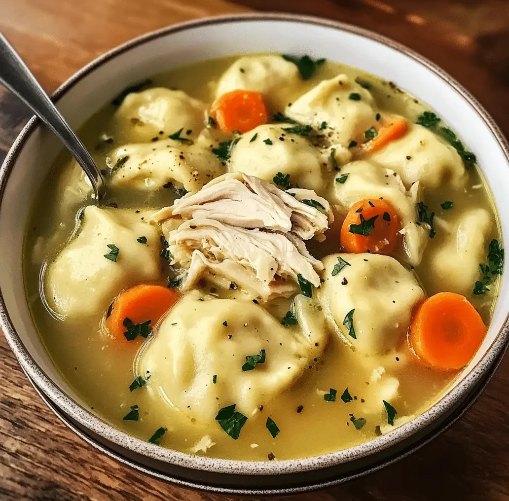 A comforting bowl of homemade chicken and dumplings.