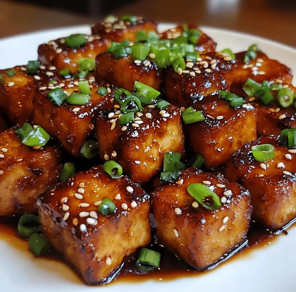 Close-up of honey garlic tofu with sesame seeds and green onions