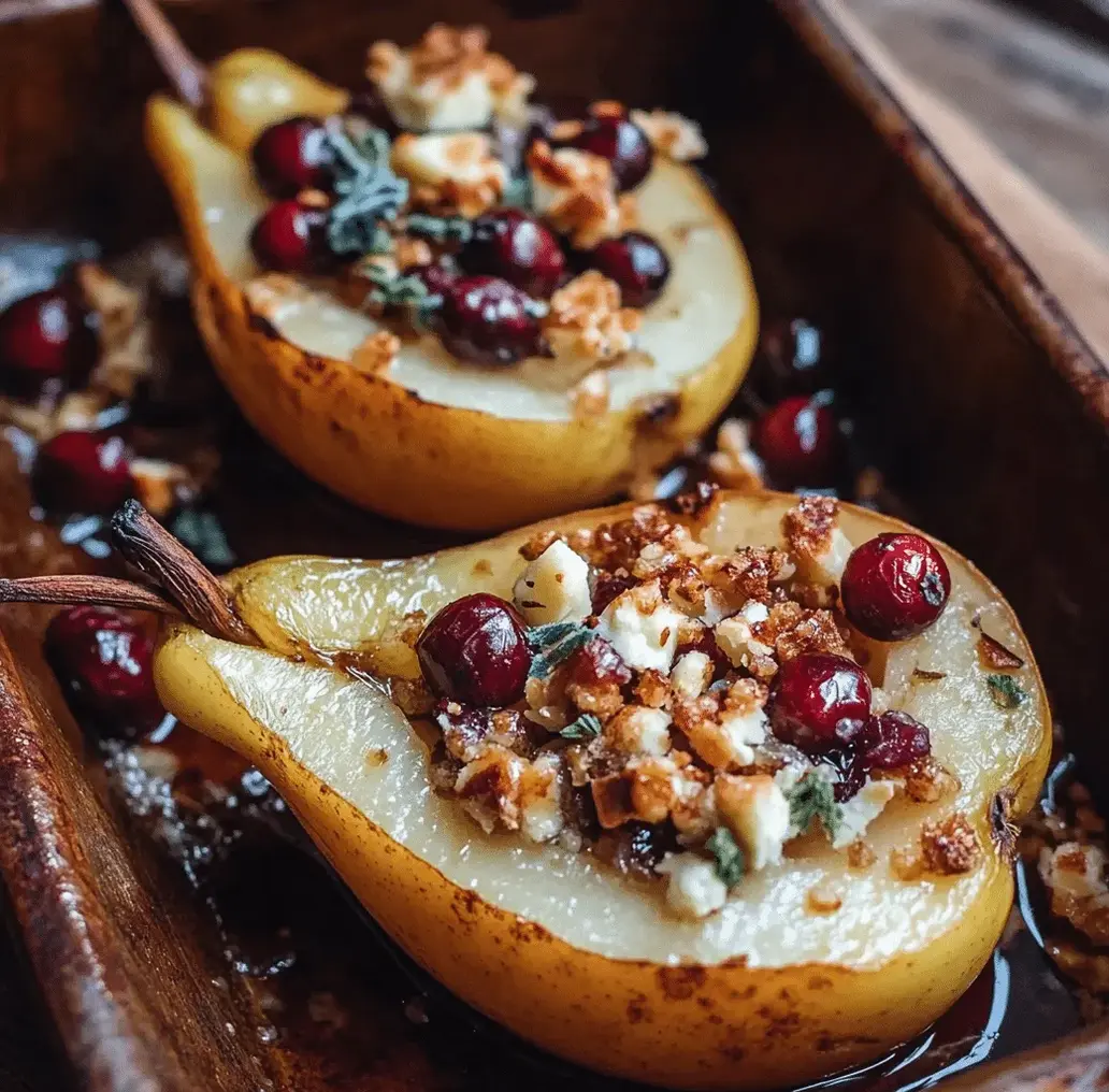 Close-up of a baked pear half, showing the caramelized filling.