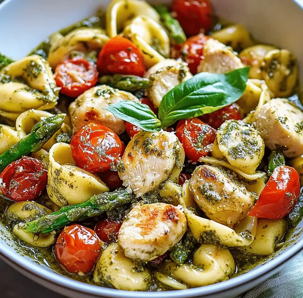 A close-up of Pesto Chicken Tortellini in a serving bowl, showing the creamy sauce and ingredients.