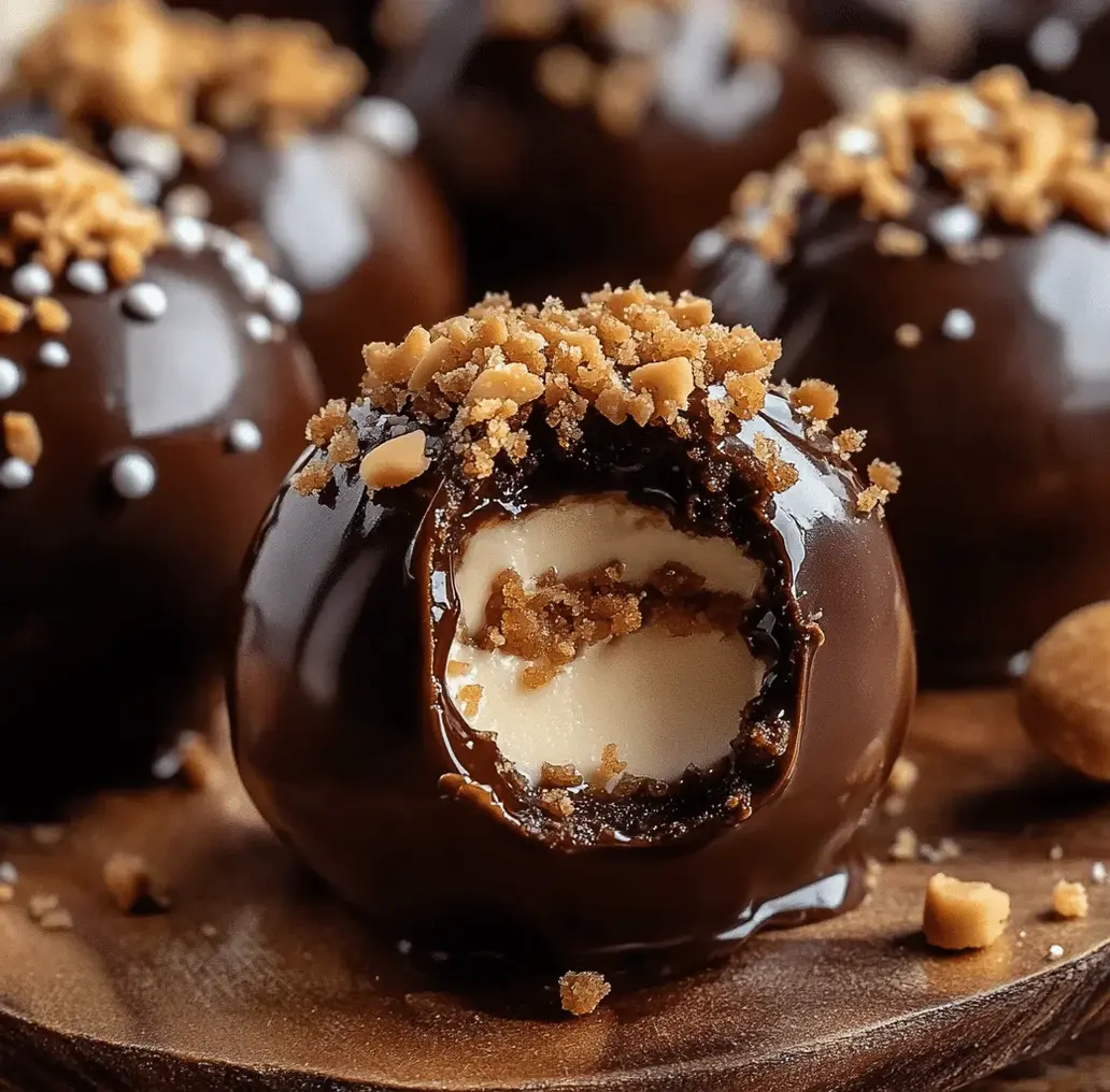 Close up of a perfectly dipped no bake peanut butter cheesecake ball.