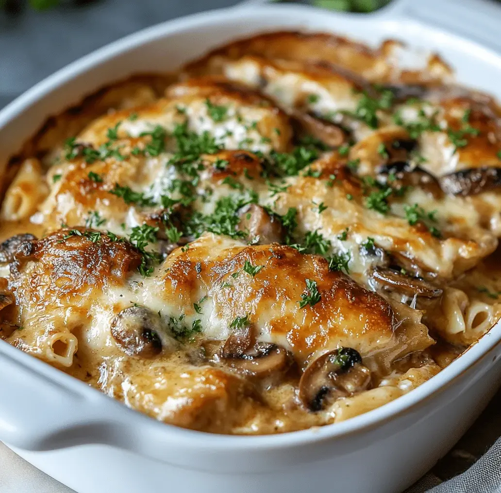 Close-up of Chicken Marsala Casserole in a dish