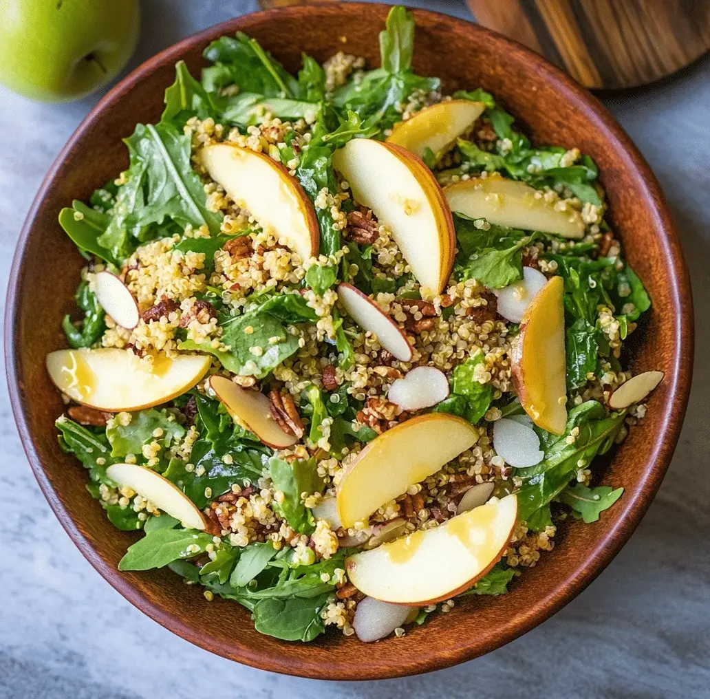 Honey Mustard Quinoa Apple Salad ingredients laid out beautifully on a wooden board.
