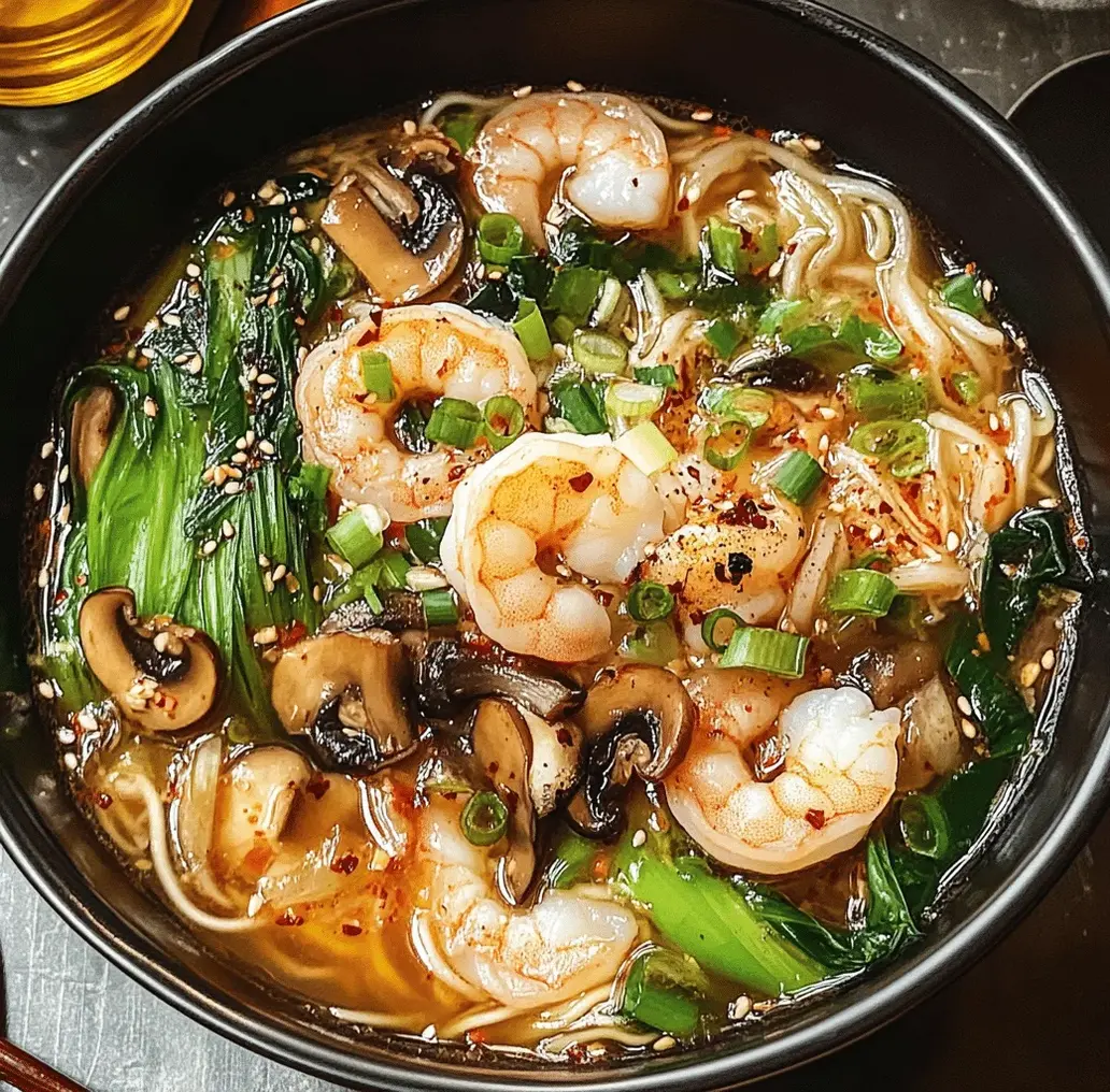 Close-up of the Ginger Shrimp & Mushroom Noodle Soup ingredients before cooking.