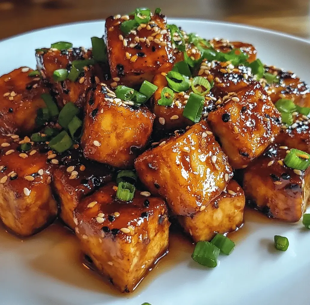 Crispy honey garlic tofu being tossed in sauce