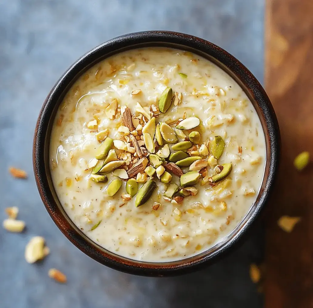 A vibrant bowl of Indian overnight oats topped with nuts and fruit.