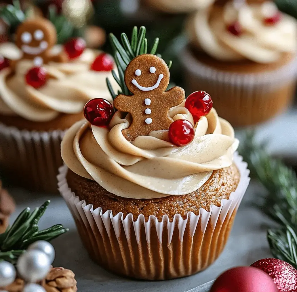 Close-up of a decorated gingerbread man Christmas cupcake with rosemary and pomegranate glaze.