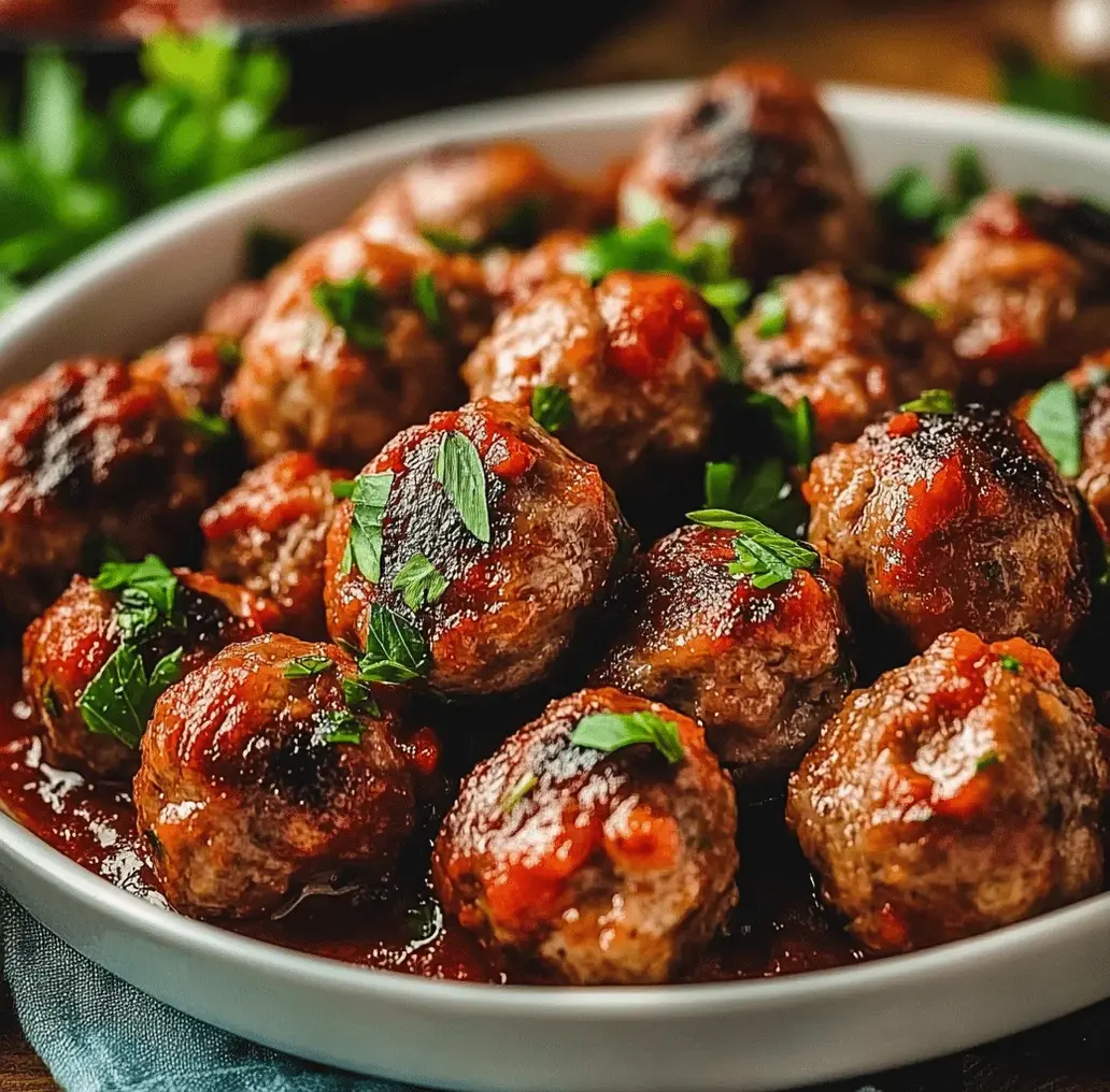 Platter of homemade Italian meatballs with marinara sauce