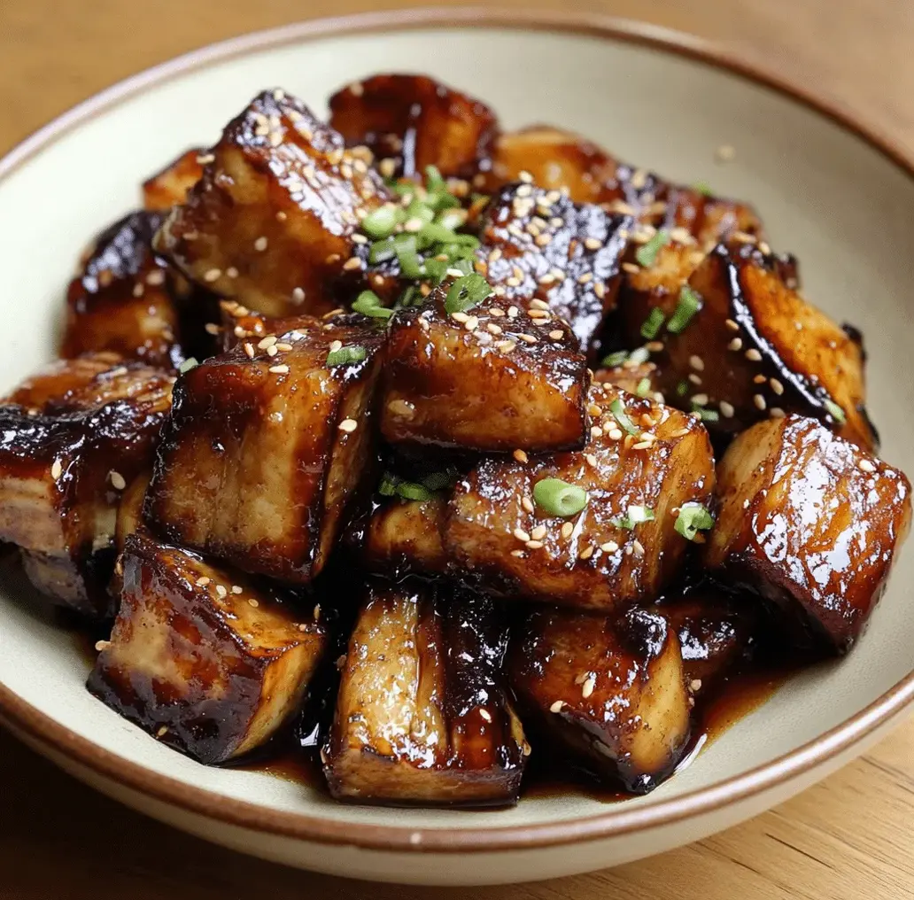 Miso glazed eggplant being prepared in a skillet