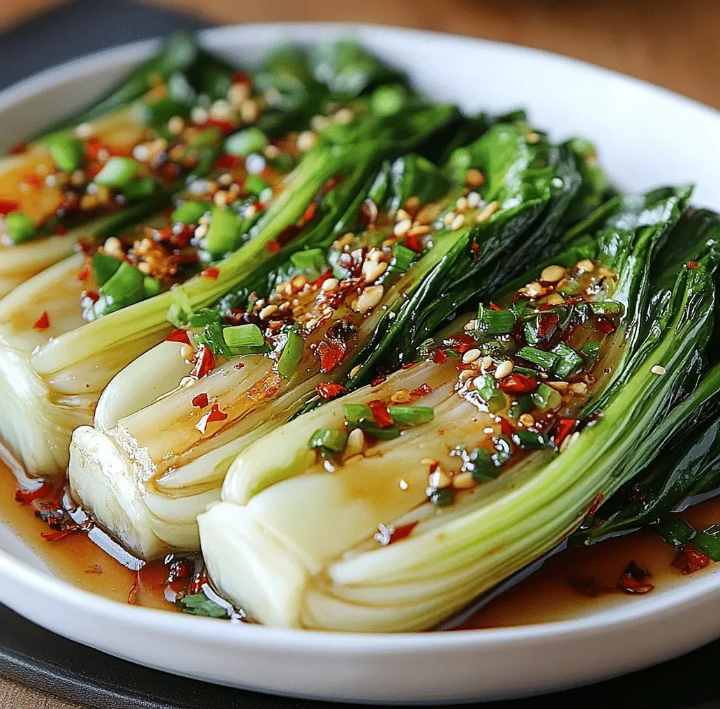 Finished bok choy dish with sesame seeds and green onions