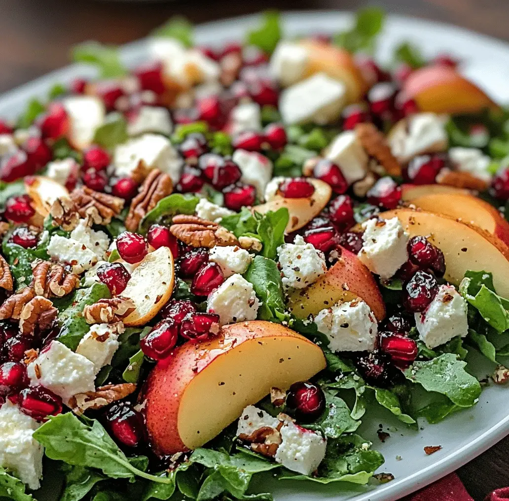Close-up of pomegranates, pears, and feta cheese in a salad bowl, ready to be mixed.
