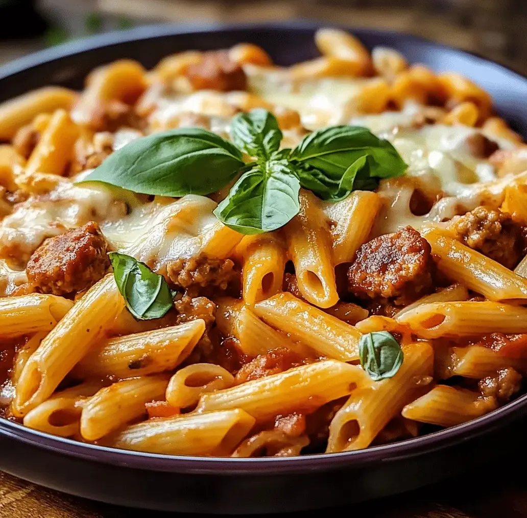 A steaming bowl of One Pot Cheesy Sausage Pasta with visible chunks of sausage and a creamy sauce.