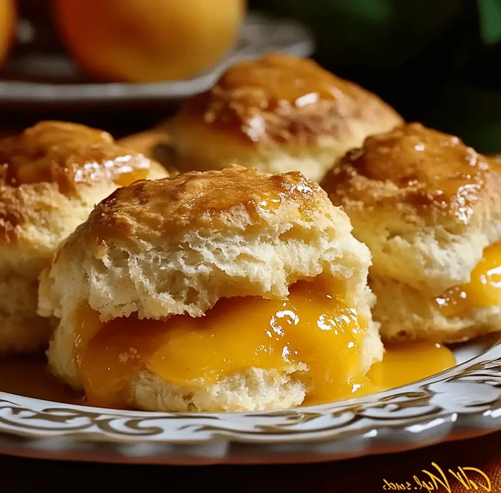 A close-up of a fork scooping out a Peach Butter Swim Biscuit with the sauce.