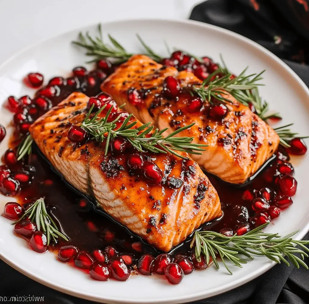 Close-up of Festive Christmas Salmon with Pomegranate Glaze garnished with pomegranate seeds