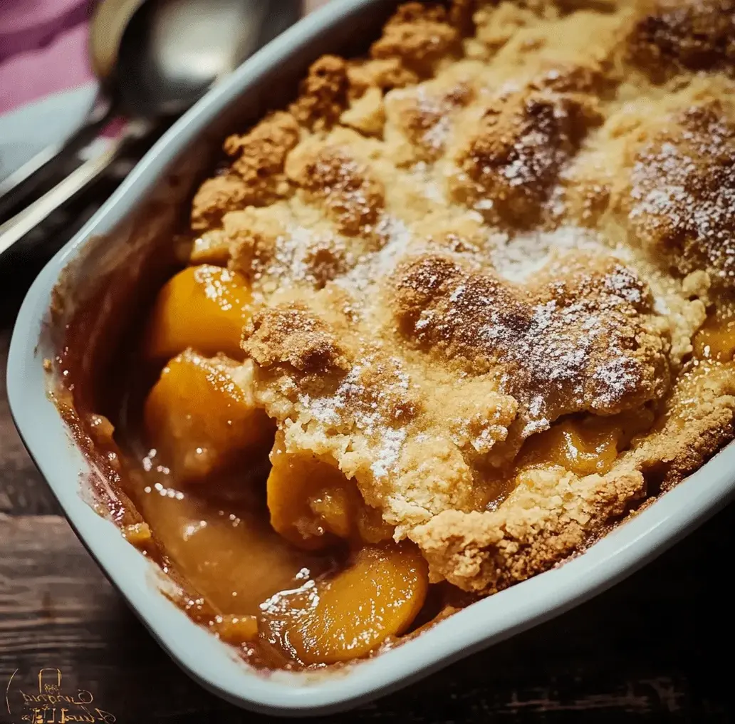 A golden-brown apricot cobbler with fluffy biscuits, bubbling with apricot filling.