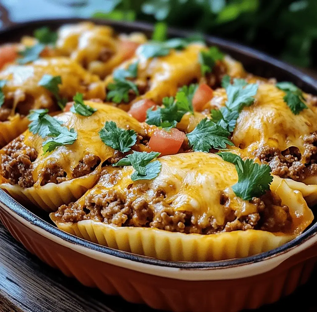 Close-up of cheesy taco stuffed shells with toppings.
