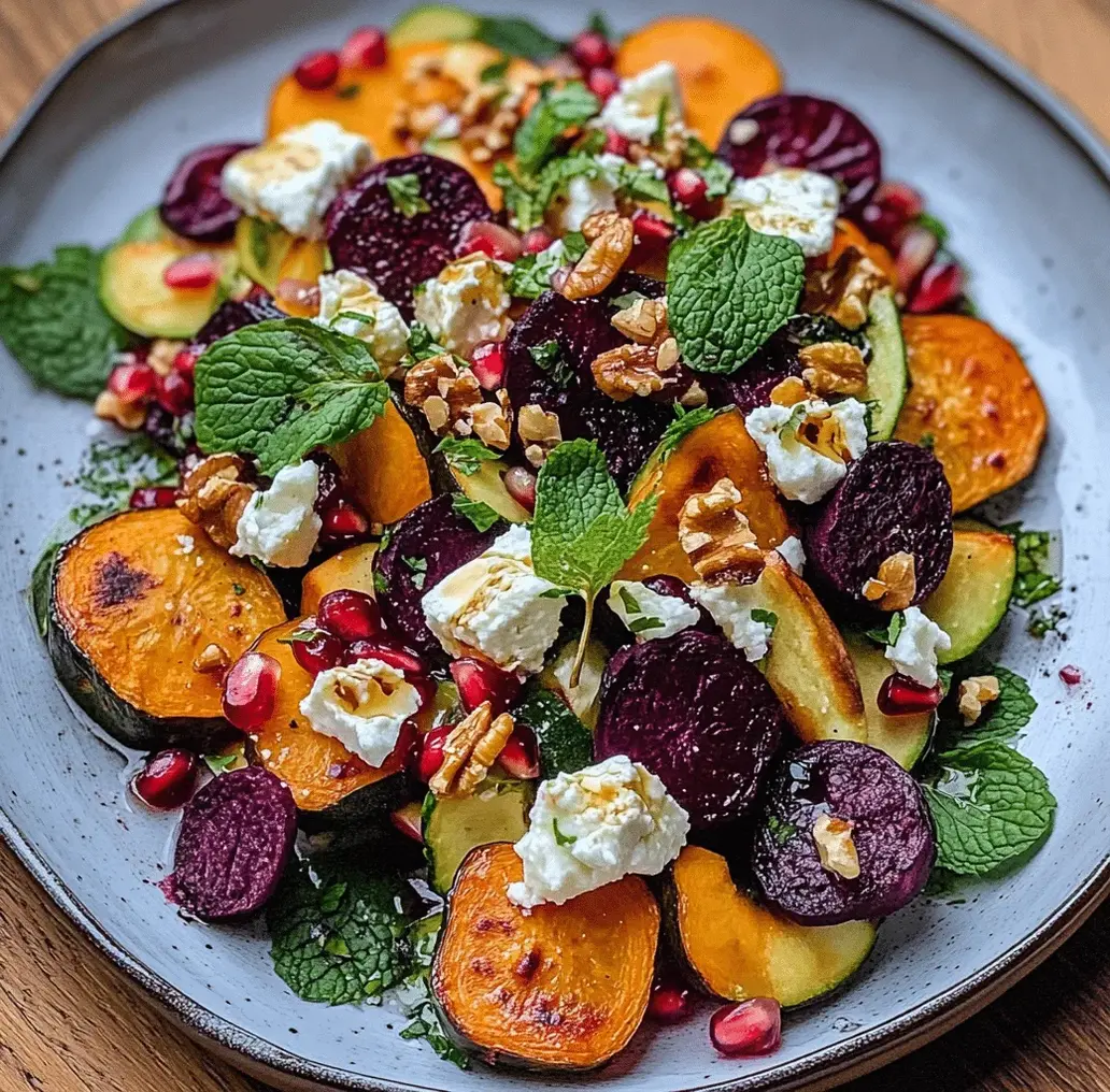 Golden Roasted Vegetable Salad with Whipped Feta - A vibrant salad with roasted vegetables, creamy feta, and pomegranate arils.