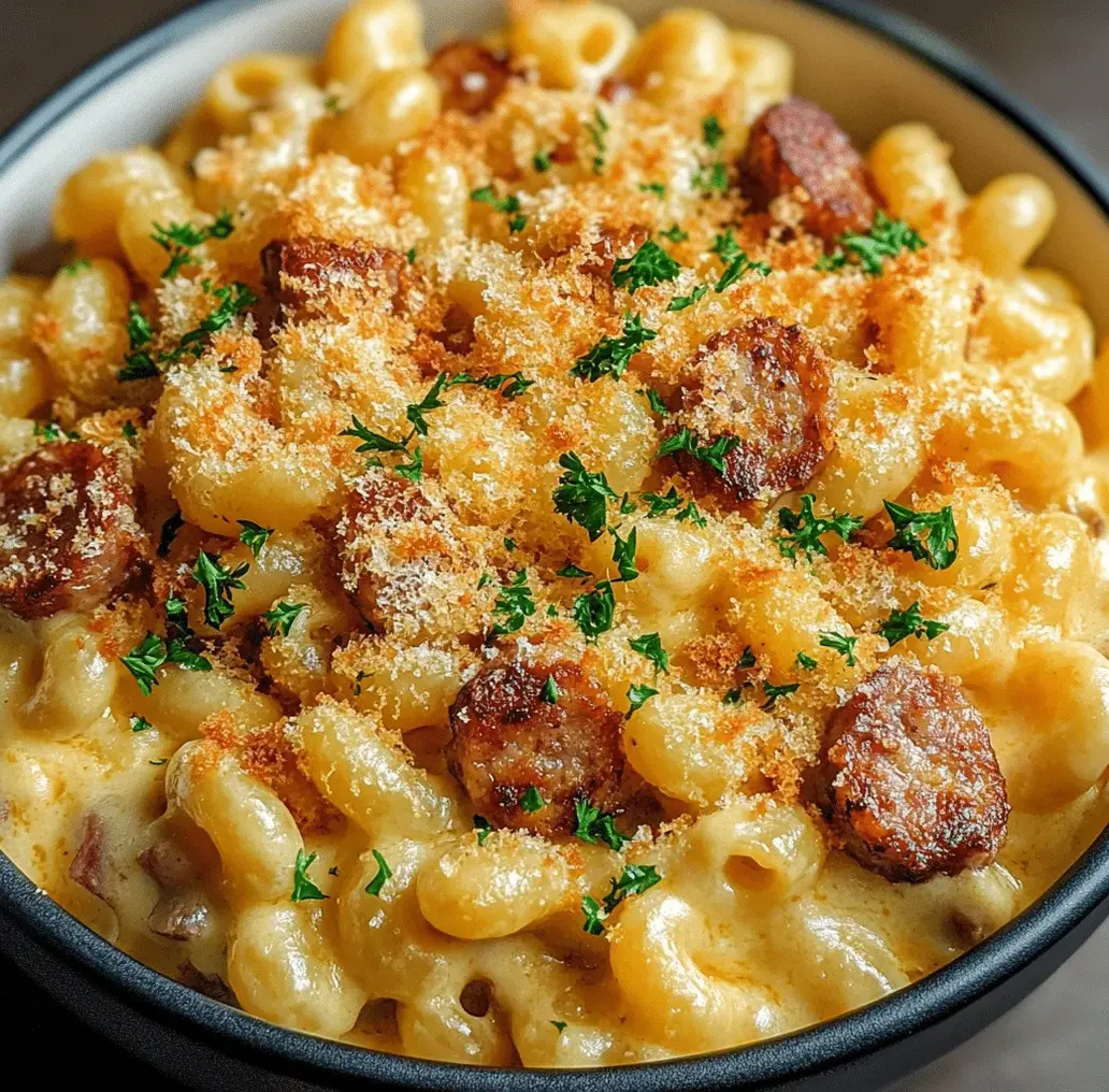 Close-up of a forkful of creamy Cajun Mac Cheese with Andouille Sausage, showing the rich sauce, pasta, and sausage pieces.