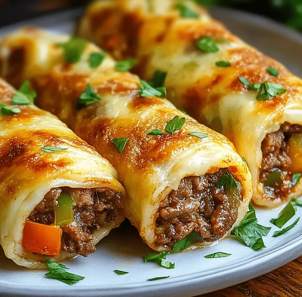 Close-up of Keto Philly Cheesesteak Roll-Ups, showing the cheesy filling.