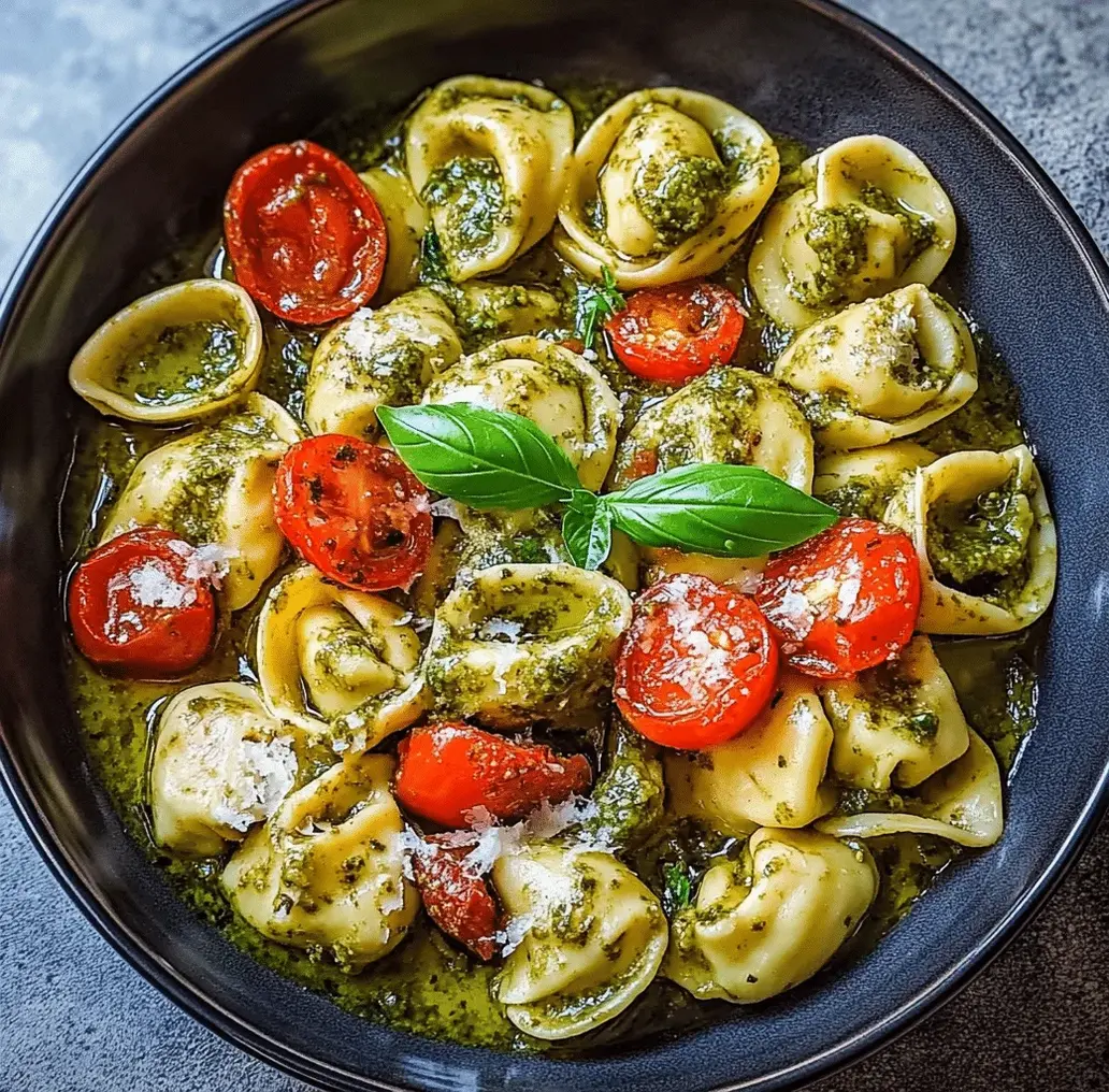 A bowl of Pesto Chicken Tortellini with cherry tomatoes and garnished with fresh basil.