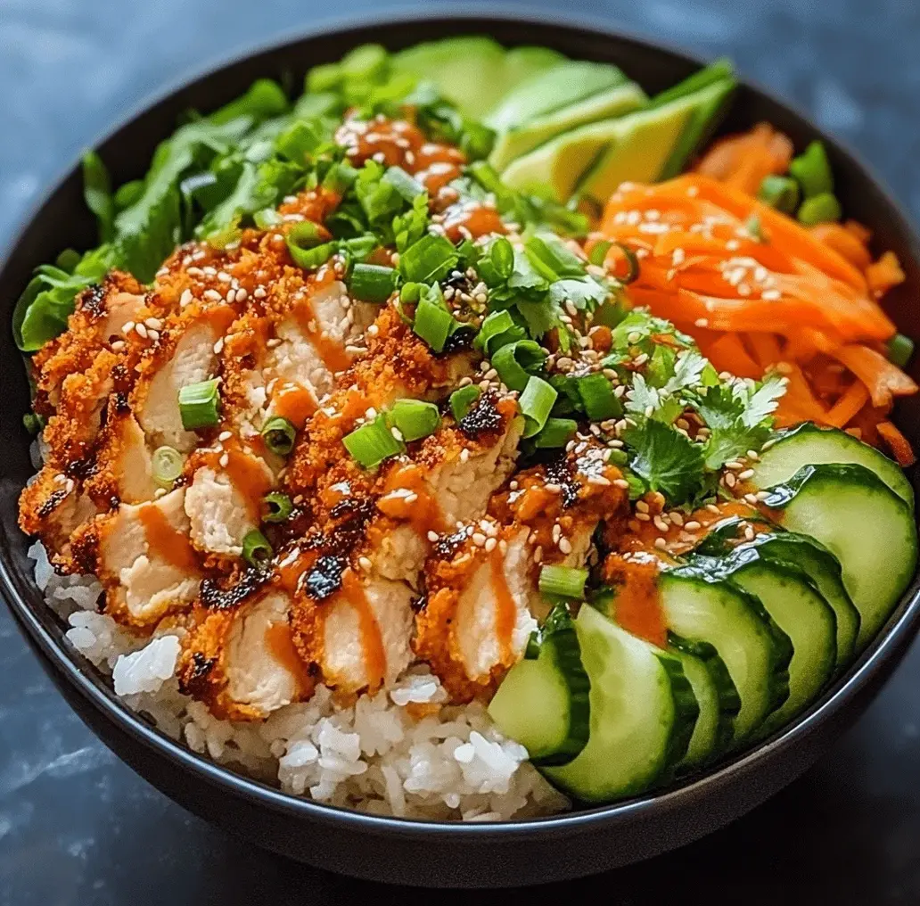 A vibrant Bang Bang Chicken Bowl filled with colorful toppings and drizzled with sauce.