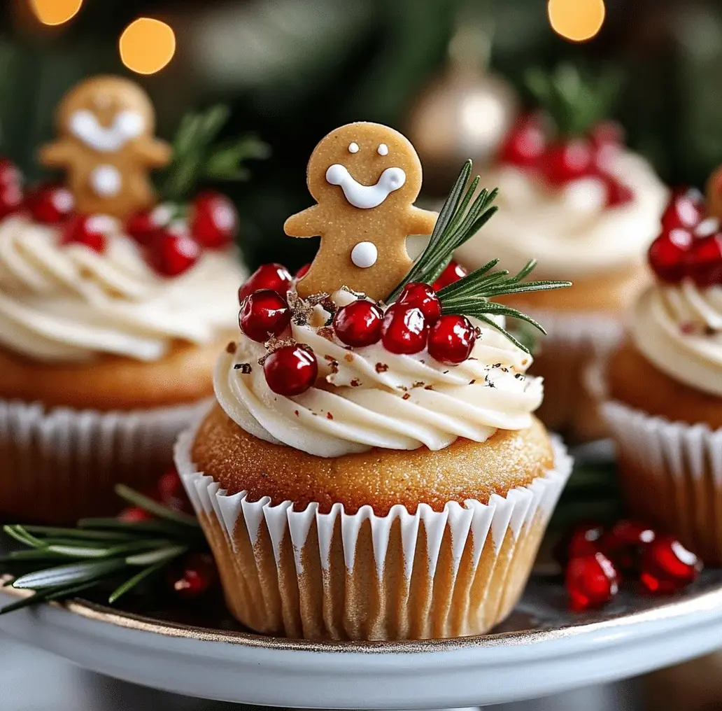 Gingerbread man Christmas cupcakes on a festive platter with rosemary and pomegranate seed garnish.