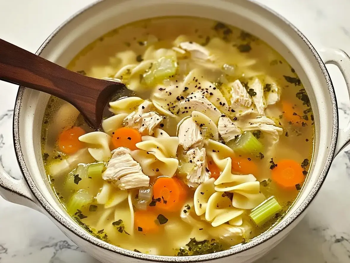 A steaming bowl of homemade chicken noodle soup with vegetables and chicken.