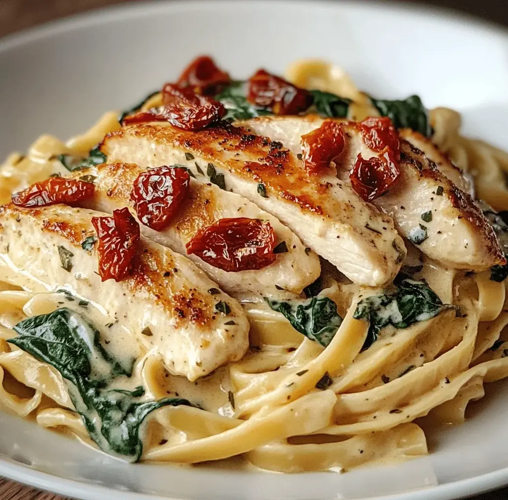 Close-up of creamy fettuccine alfredo with chicken and sundried tomatoes, showing the texture of the sauce