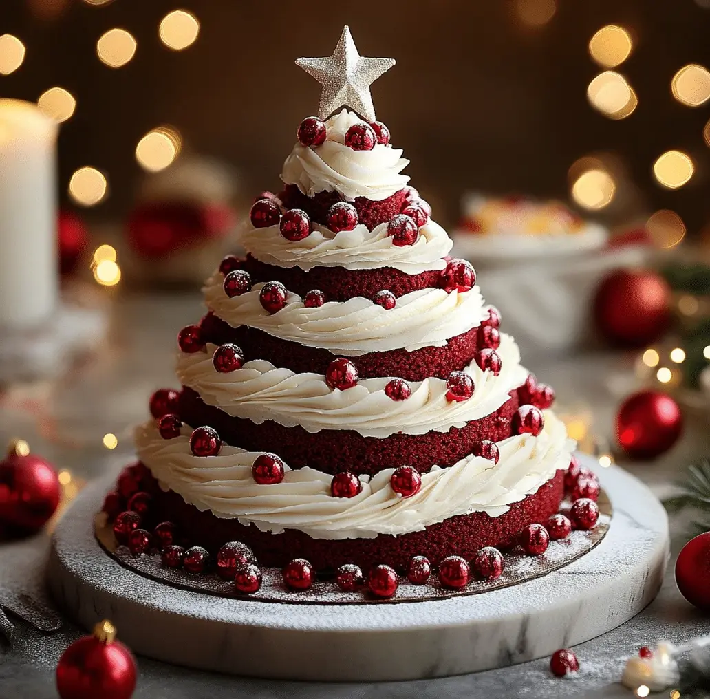 Close-up of the red velvet texture of the Christmas tree cake.