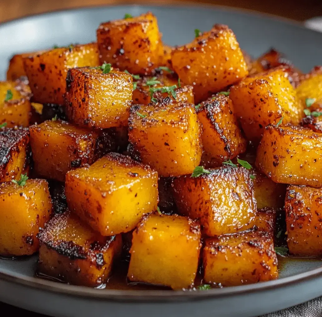 Brown sugar roasted butternut squash in a baking dish