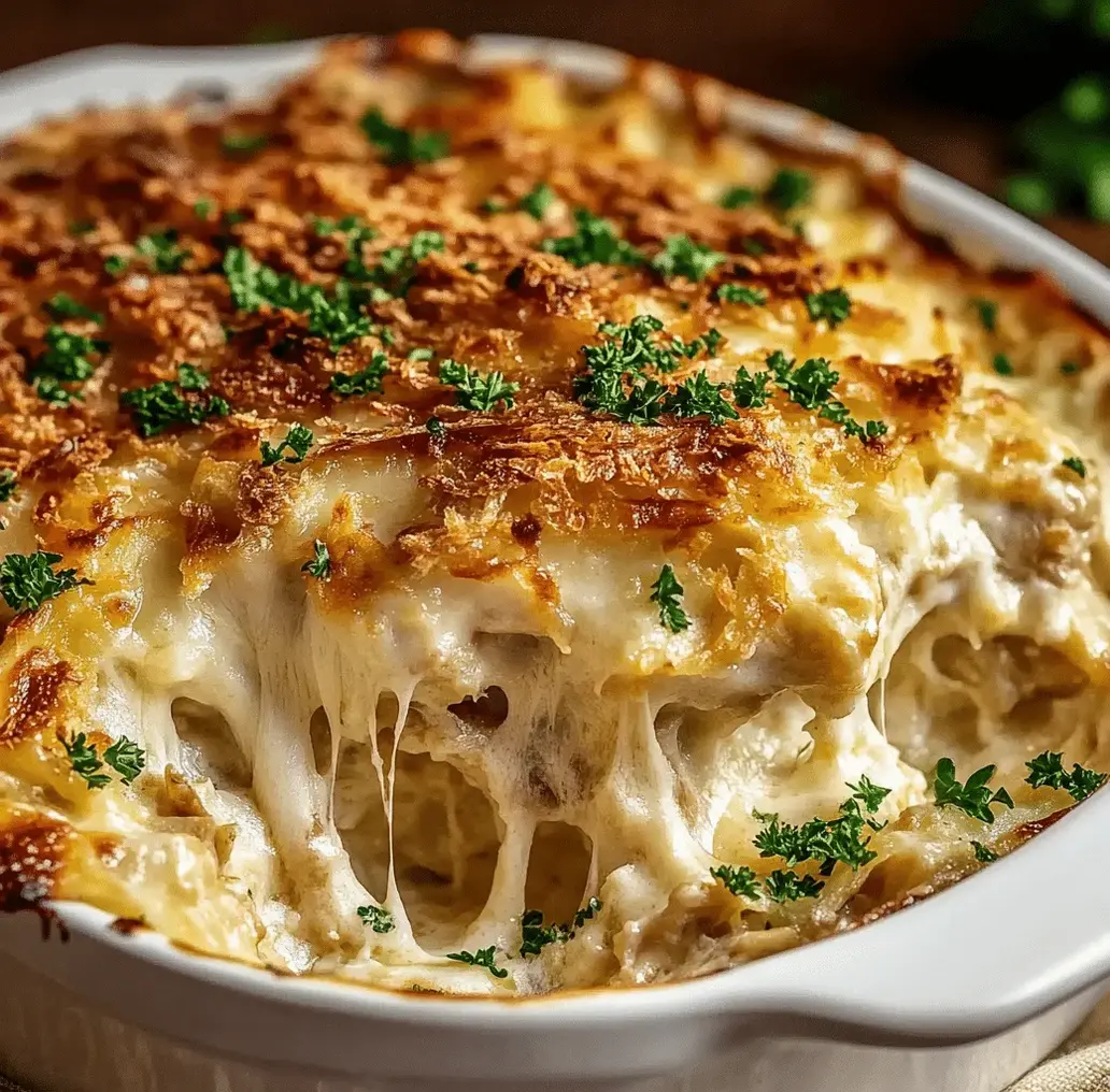 Close-up of bubbly cheesy French Onion Chicken Casserole