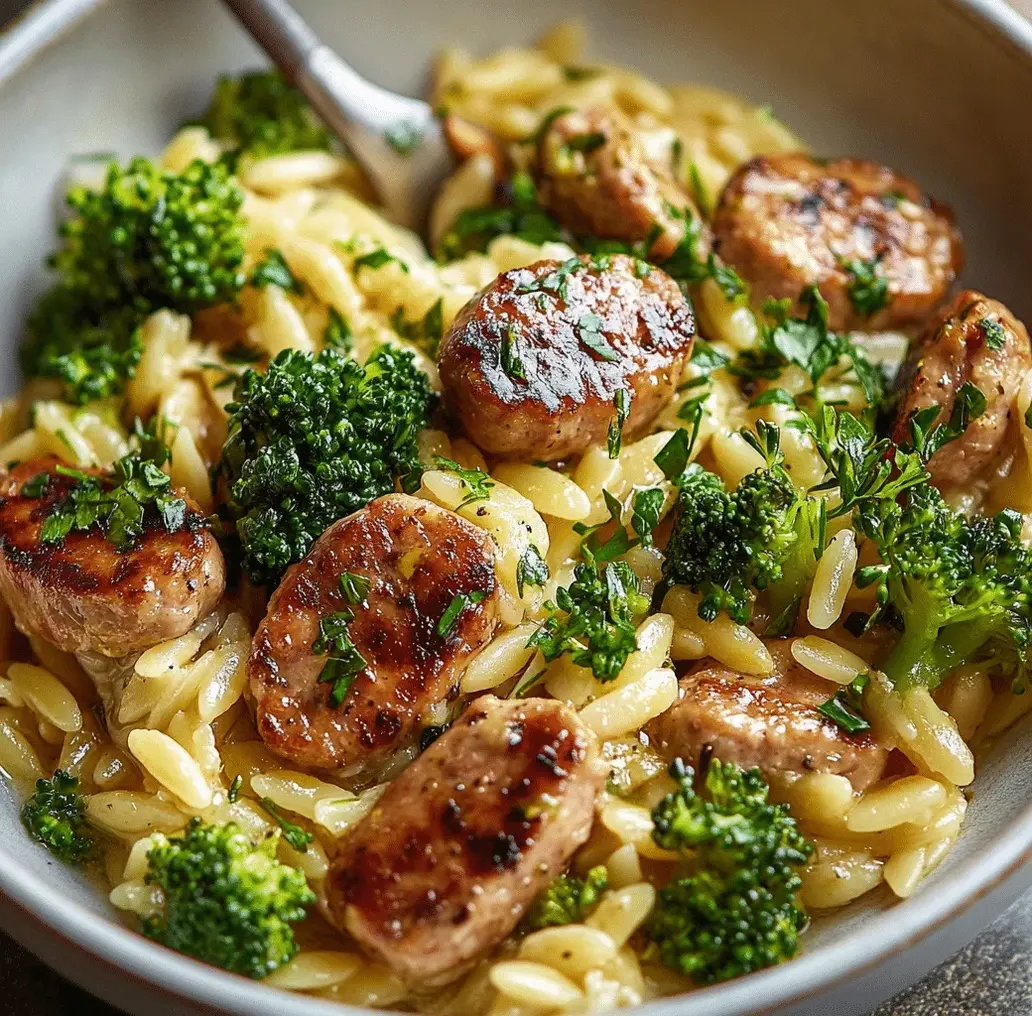 30 Minutes Chicken Sausage Orzo: A complete dish with chicken sausage, orzo, and spinach in a pan.