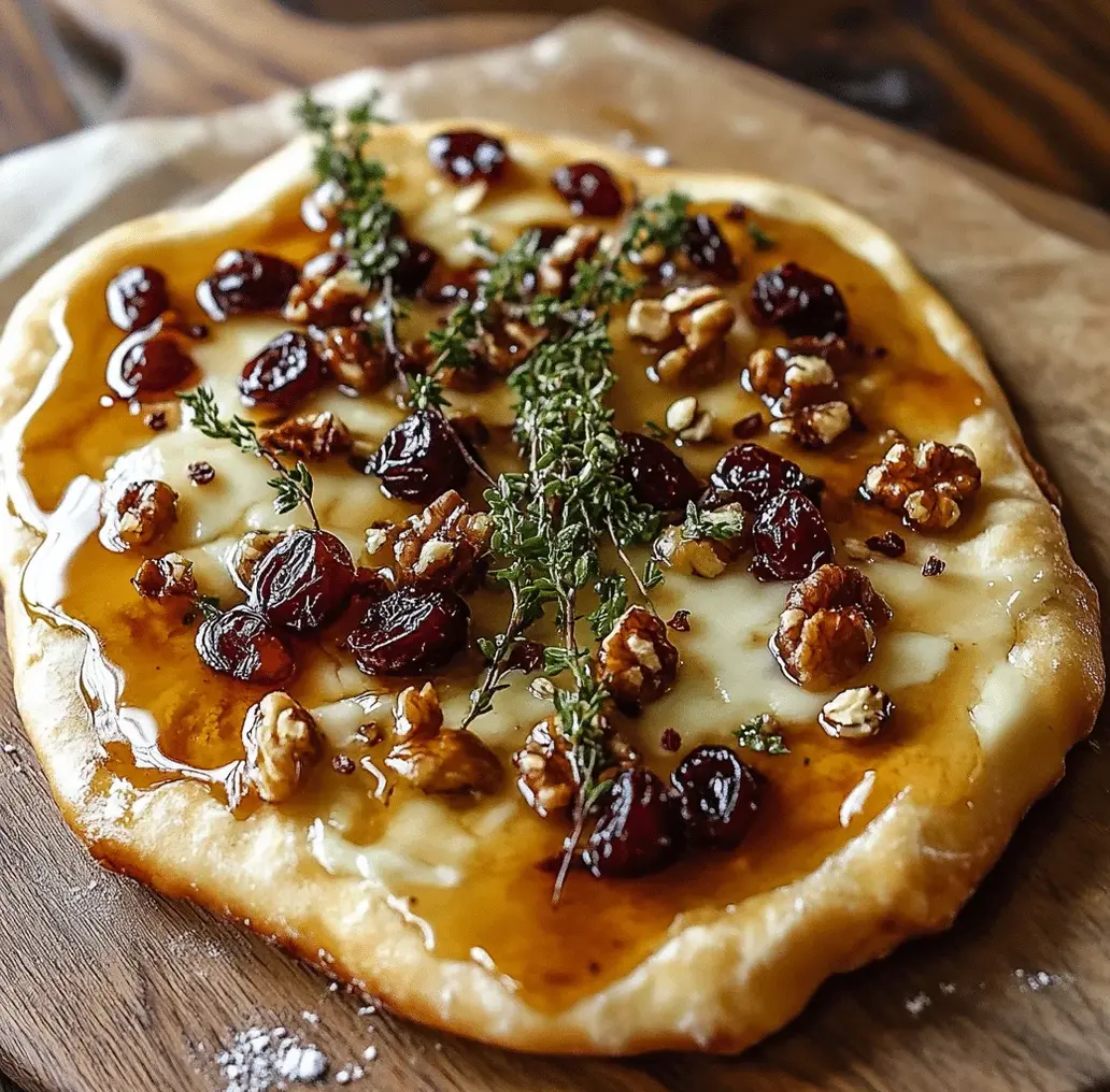 Close-up of crispy flatbread with melted brie, cranberries, and walnuts, drizzled with hot honey