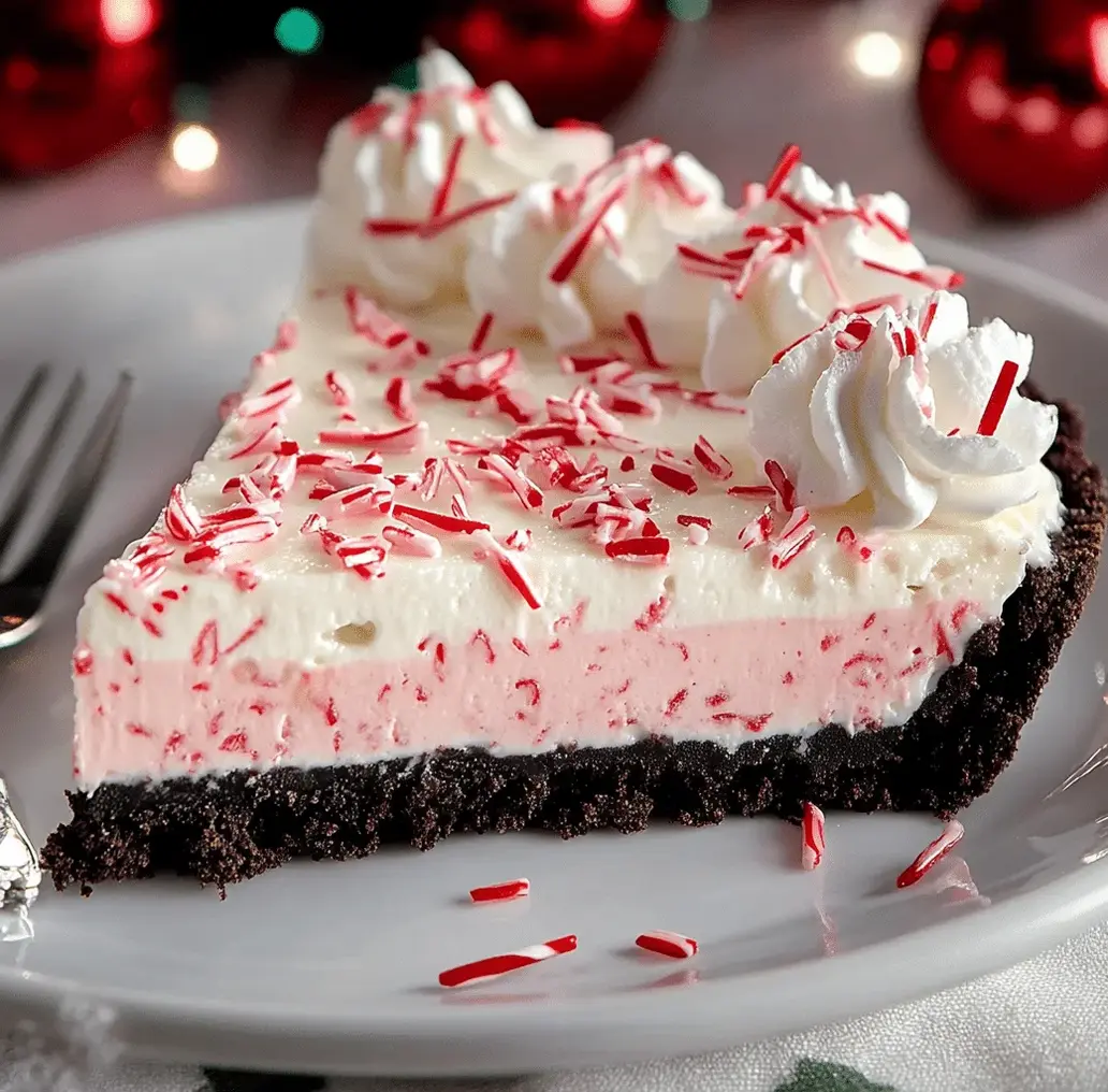 A slice of candy cane pie on a festive holiday plate, ready to be enjoyed with a holiday meal.