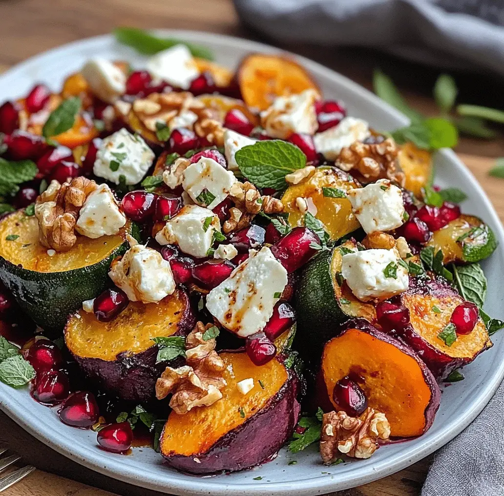 Whipped feta base with roasted vegetables, walnuts, and pomegranate arils.